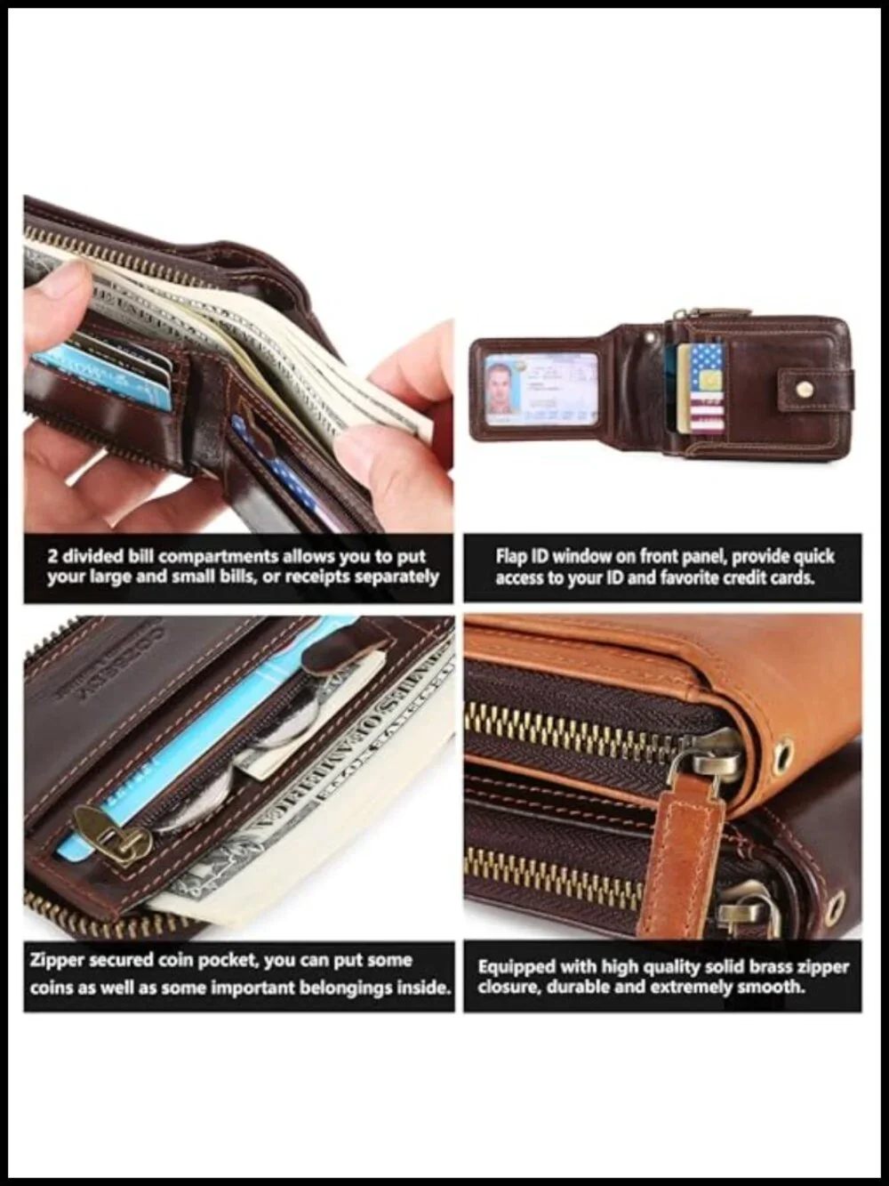 RFID Blocking Leather Bifold Wallet with Chain, 18 Card Slots, Genuine Cowhide